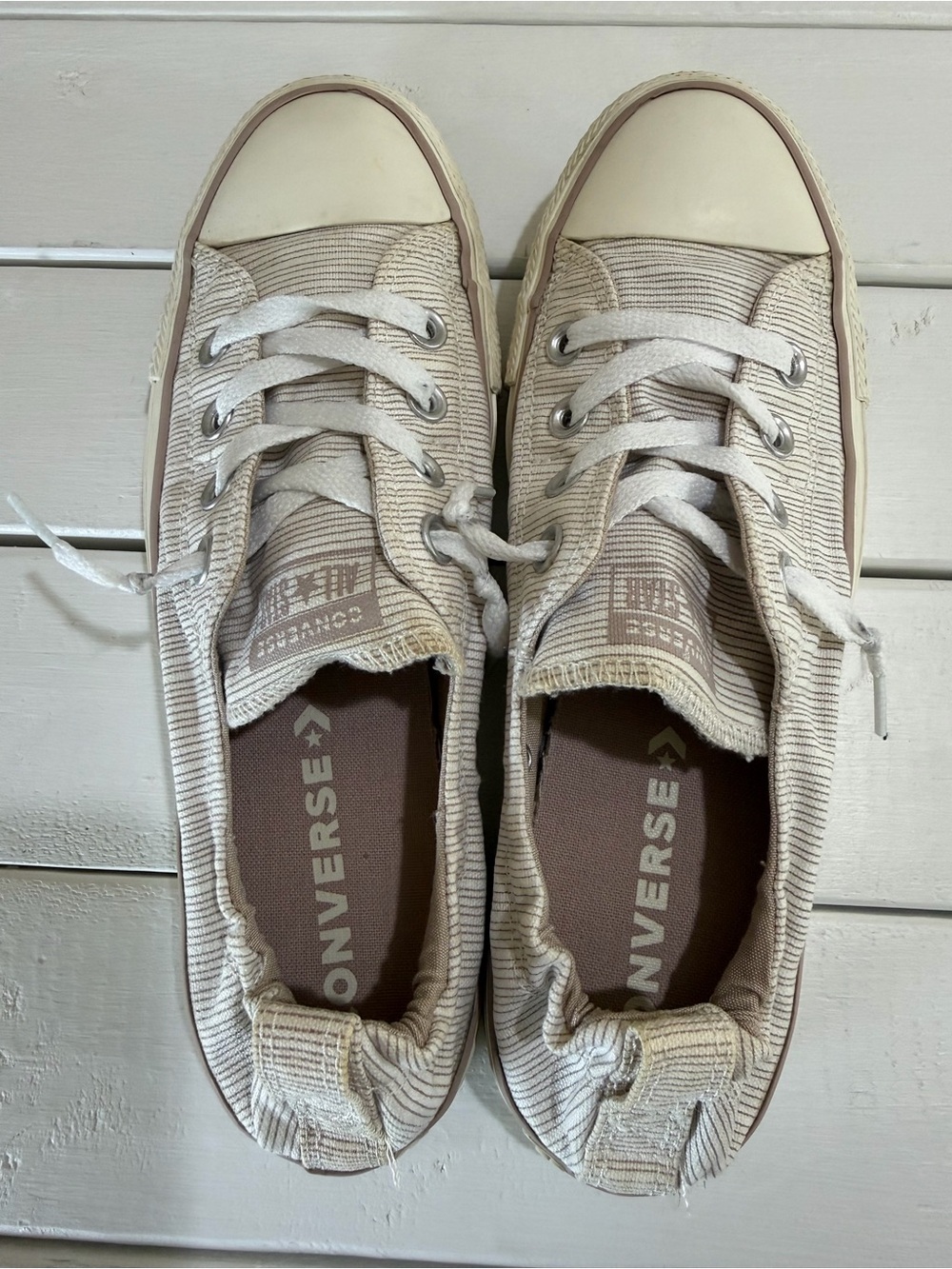 Converse Shoreline Slip-On Sneakers Size 9 Beige Stripe Elastic Canvas Low Top - Picture 8 of 10